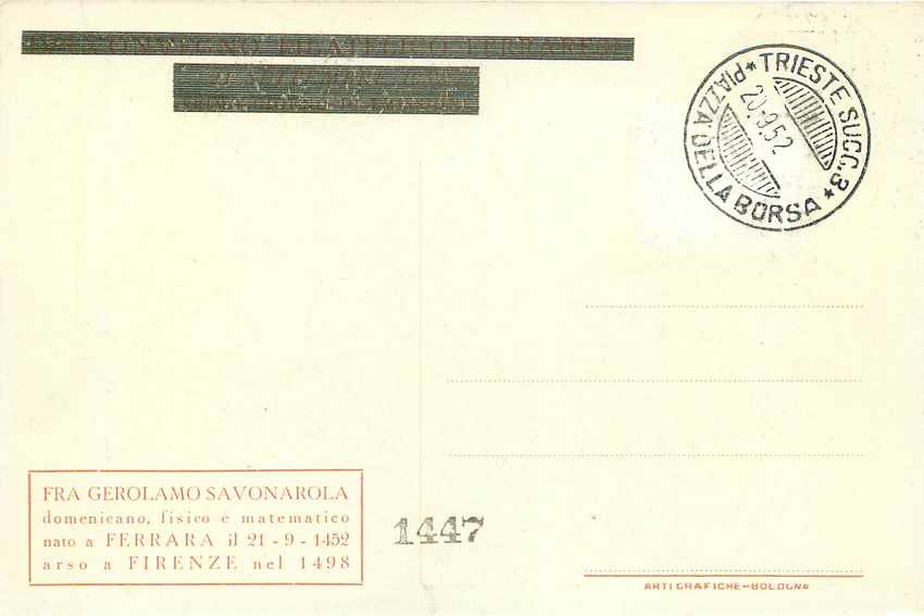 CARTE MAXIMUM Italia AMG FTT Girolamo Savonarola 1952 — Rückseite