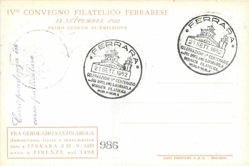 CARTE MAXIMUM Italia AMG FTT Girolamo Savonarola 1952 — Rückseite