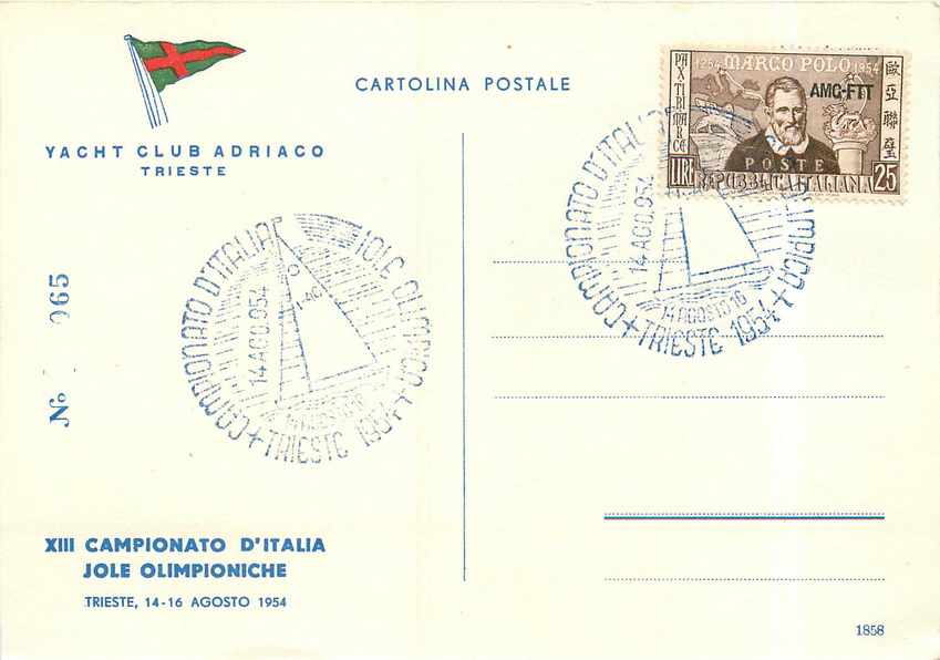 Carte Italia FDC Jeux Olympiques 1954 Voilier Bateau Olympic Games Marco Polo AMG FTT