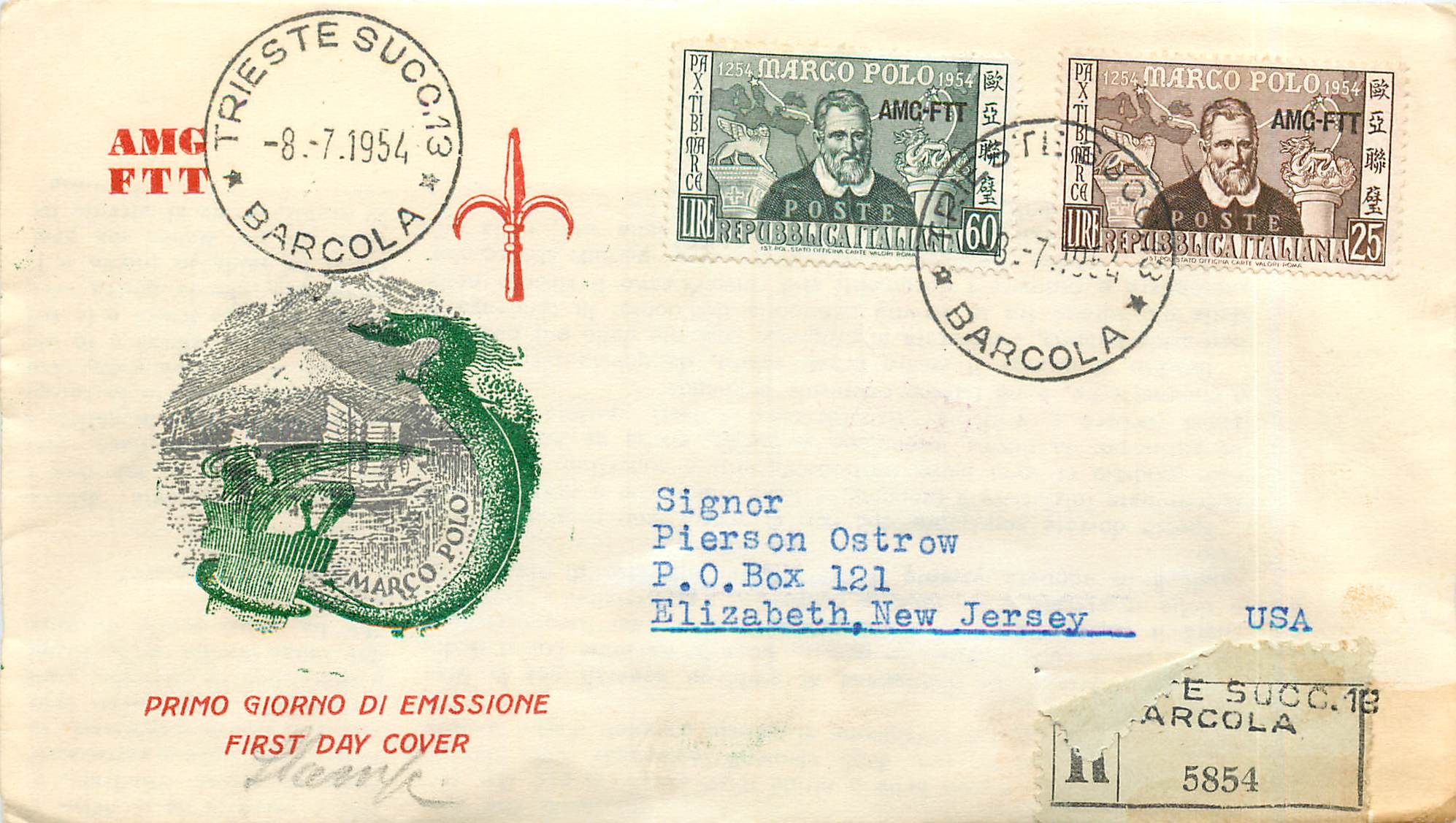 Lettre Cover Italia AMG FTT Marco Polo Chine China Dragon FDC 1954