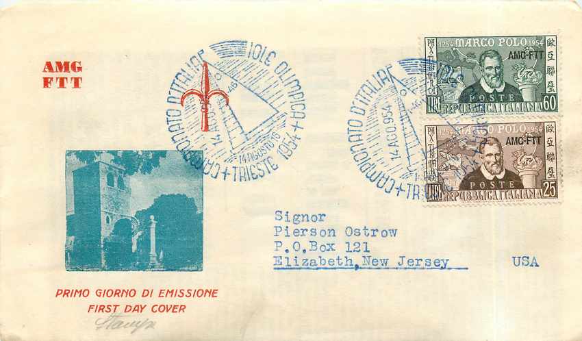 Lettre Cover Italia AMG FTT Marco Polo Chine China  FDC 1954 Bateau Yacht