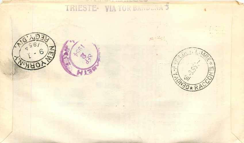 Lettre Cover Italia AMG FTT Marco Polo Chine China  FDC 1954 Bateau Yacht — Rückseite