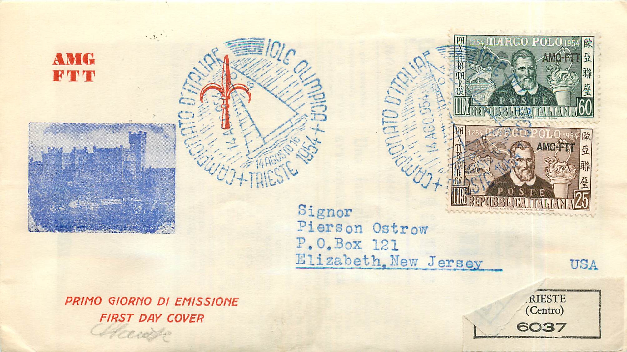 Lettre Cover Italia AMG FTT Marco Polo Chine China  FDC 1954 Bateau Yacht
