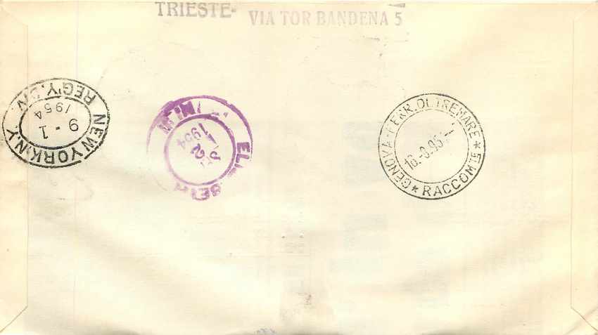 Lettre Cover Italia AMG FTT Marco Polo Chine China  FDC 1954 Bateau Yacht — Rückseite