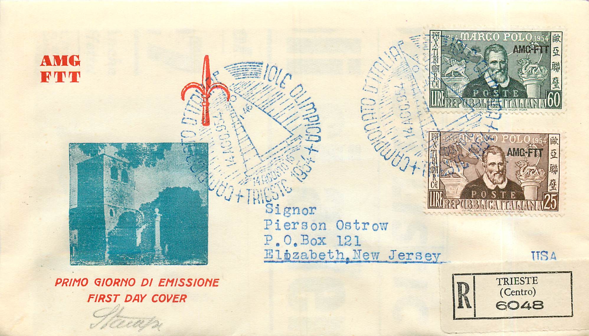 Lettre Cover Italia AMG FTT Marco Polo Chine China  FDC 1954 Bateau Yacht