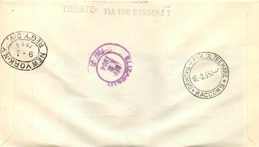 Lettre Cover Italia AMG FTT Marco Polo Chine China  FDC 1954 Bateau Yacht — Back