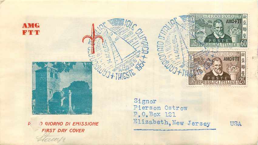 Lettre Cover Italia AMG FTT Marco Polo Chine China  FDC 1954 Bateau Yacht