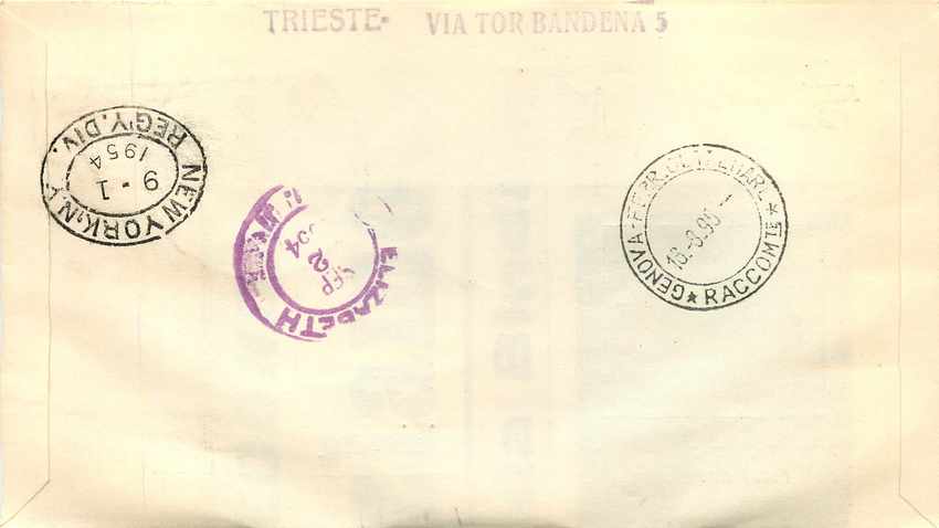 Lettre Cover Italia AMG FTT Marco Polo Chine China  FDC 1954 Bateau Yacht — Back