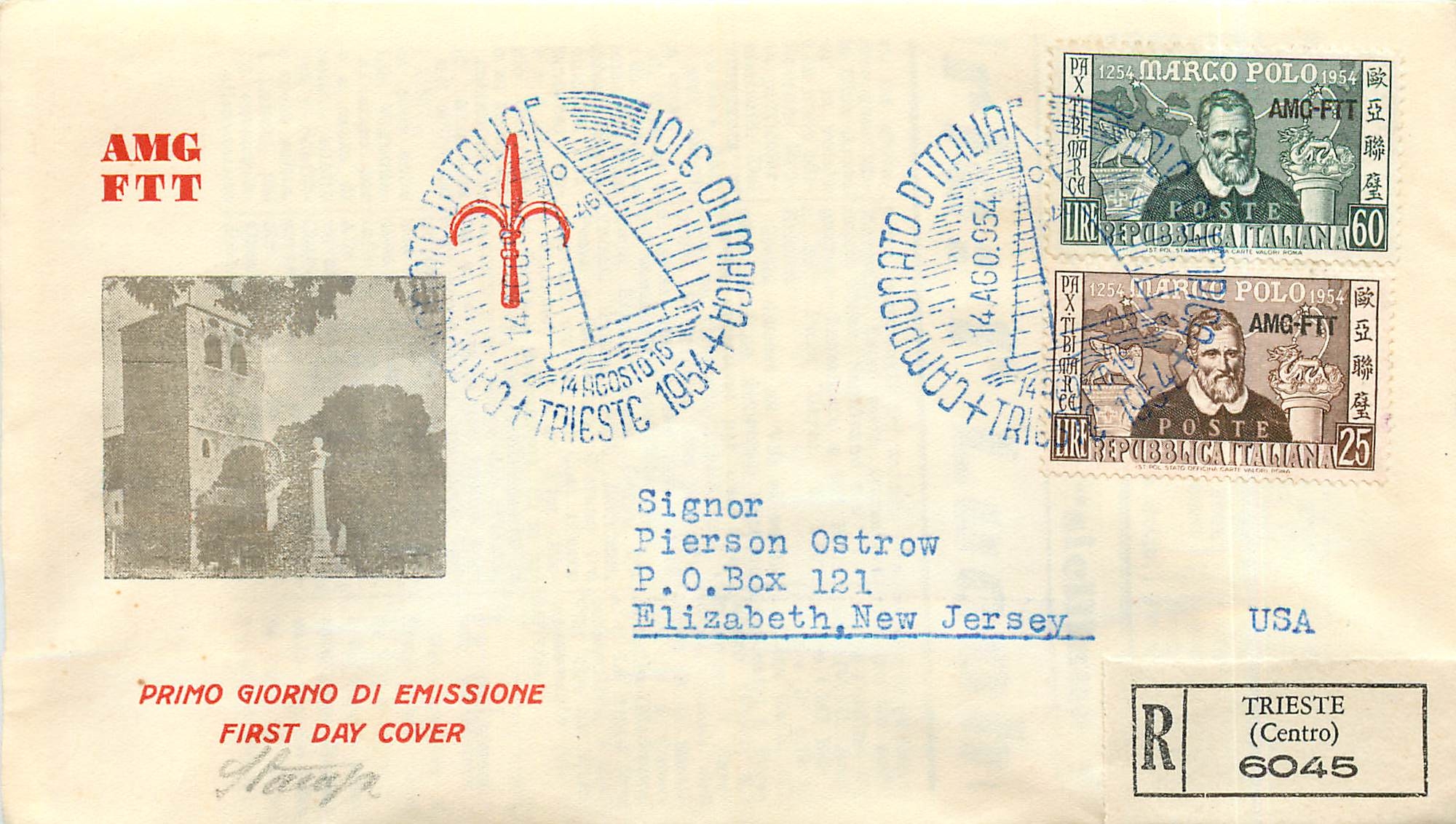 Lettre Cover Italia AMG FTT Marco Polo Chine China  FDC 1954 Bateau Yacht