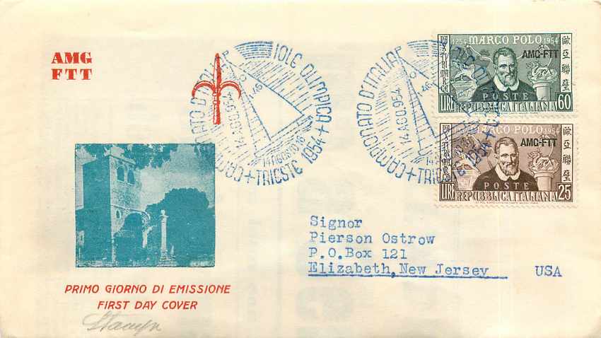 Lettre Cover Italia AMG FTT Marco Polo Chine China  FDC 1954 Bateau Yacht