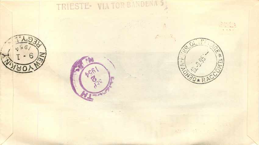 Lettre Cover Italia AMG FTT Marco Polo Chine China  FDC 1954 Bateau Yacht — Back