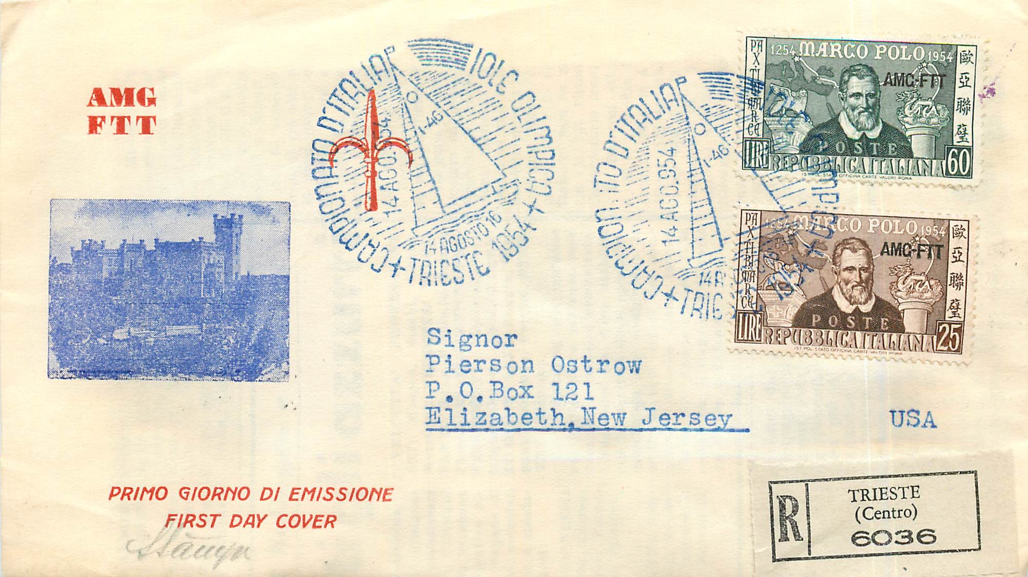 Lettre Cover Italia AMG FTT Marco Polo Chine China  FDC 1954 Bateau Yacht