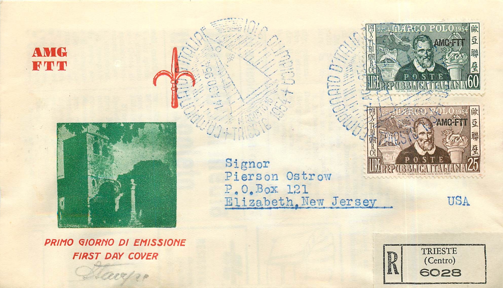 Lettre Cover Italia AMG FTT Marco Polo Chine China  FDC 1954 Bateau Yacht