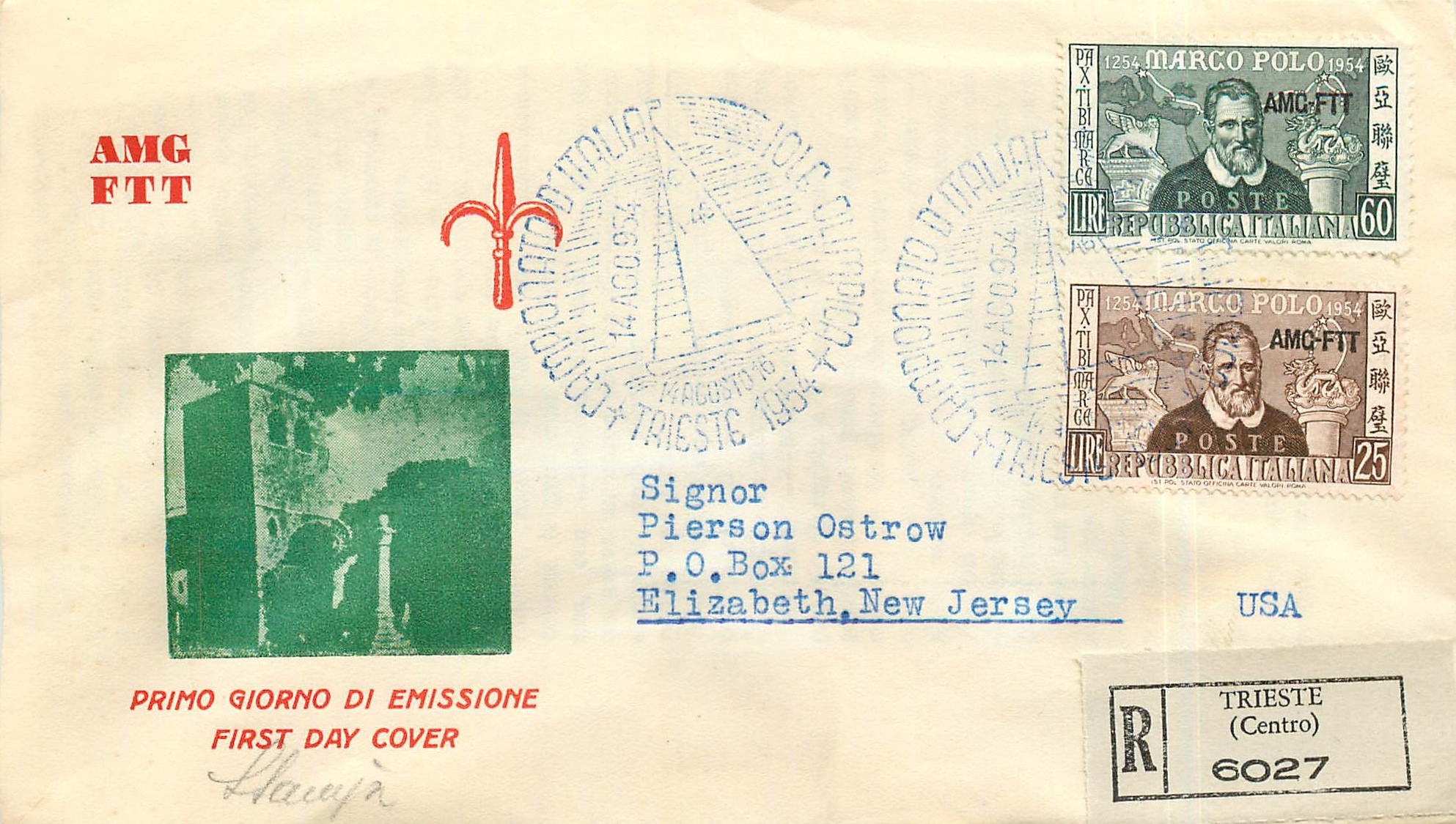 Lettre Cover Italia AMG FTT Marco Polo Chine China  FDC 1954 Bateau Yacht