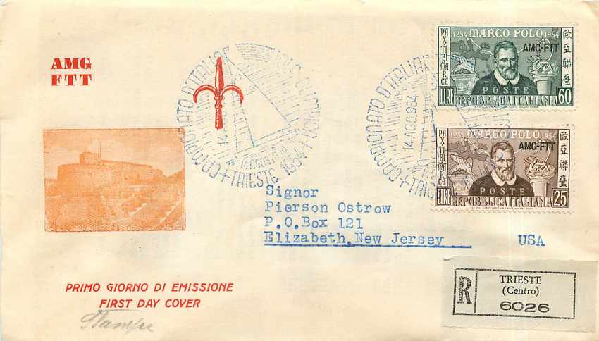 Lettre Cover Italia AMG FTT Marco Polo Chine China  FDC 1954 Bateau Yacht