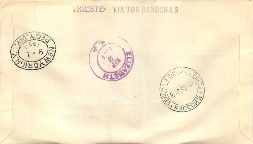 Lettre Cover Italia AMG FTT Marco Polo Chine China  FDC 1954 Bateau Yacht — Rückseite
