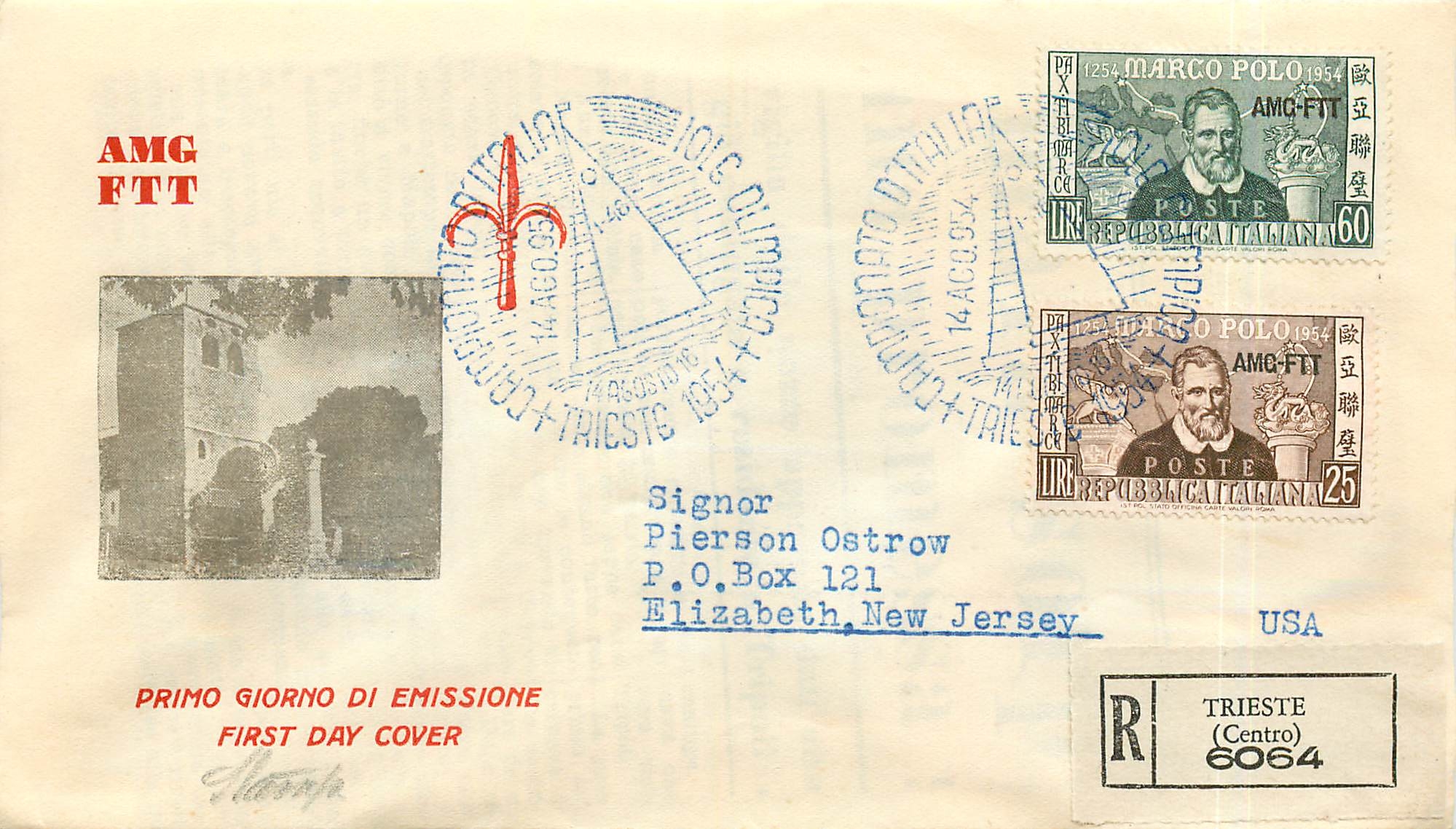 Lettre Cover Italia AMG FTT Marco Polo Chine China  FDC 1954 Bateau Yacht
