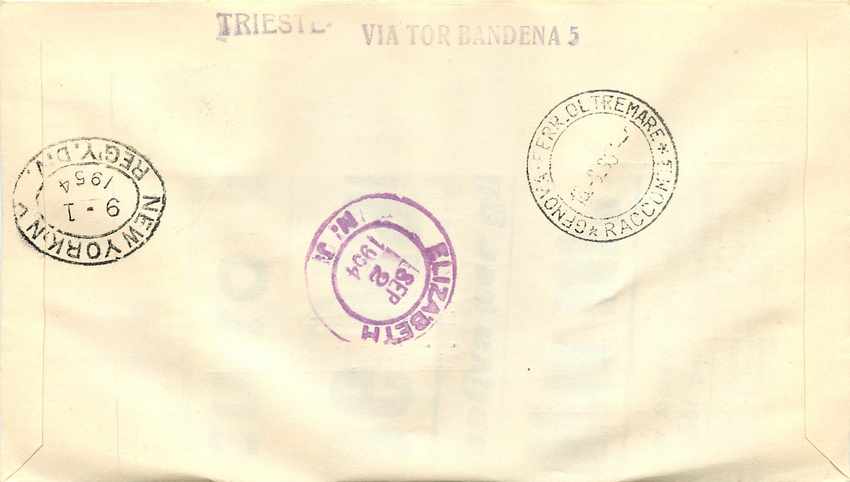 Lettre Cover Italia AMG FTT Marco Polo Chine China  FDC 1954 Bateau Yacht — Back