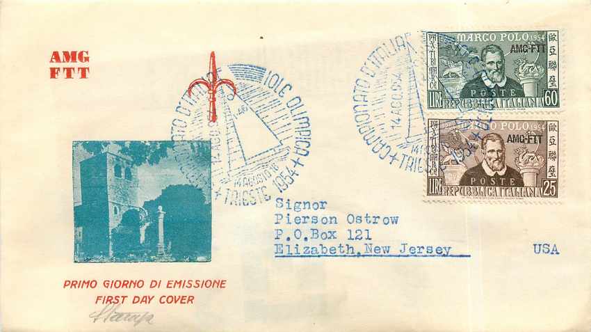 Lettre Cover Italia AMG FTT Marco Polo Chine China  FDC 1954 Bateau Yacht