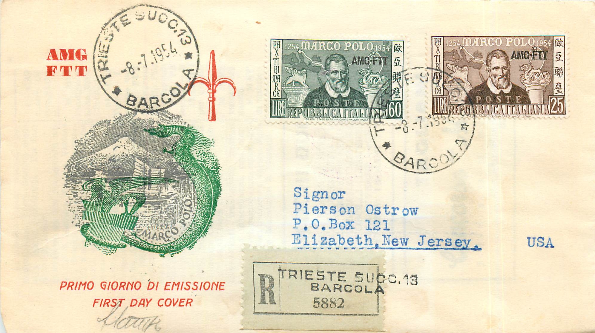 Lettre Cover Italia AMG FTT Marco Polo Chine China Dragon FDC 1954