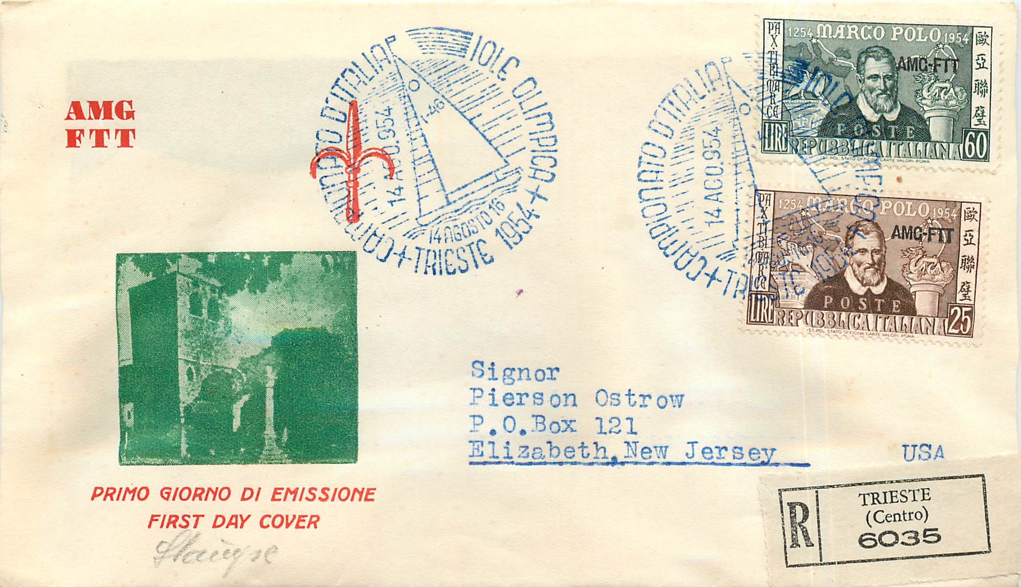 Lettre Cover Italia AMG FTT Marco Polo Chine China  FDC 1954 Bateau Yacht