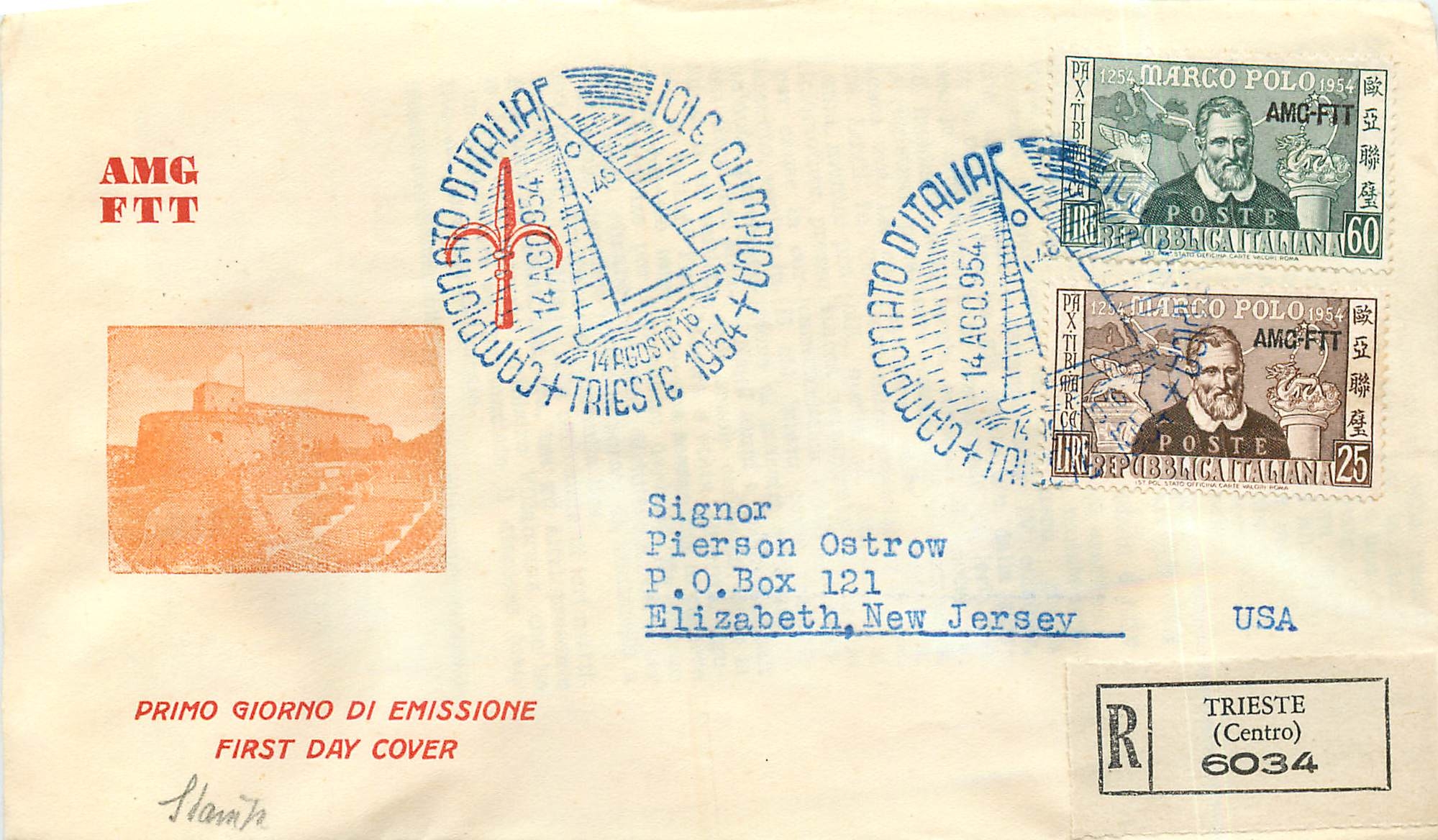 Lettre Cover Italia AMG FTT Marco Polo Chine China  FDC 1954 Bateau Yacht