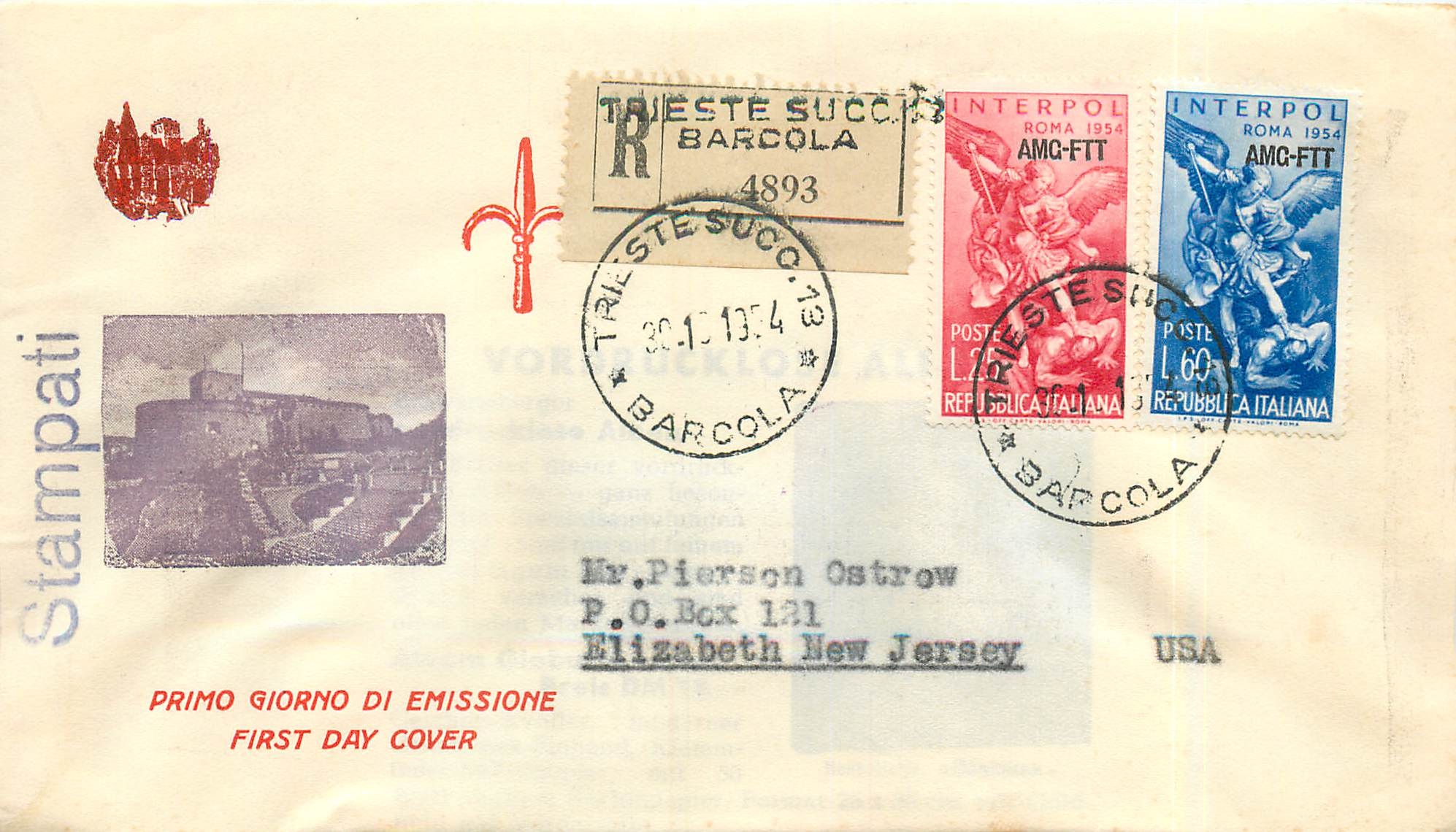 Lettre Cover Italie Italia AMG FTT FDC 1954 Roma Rome 