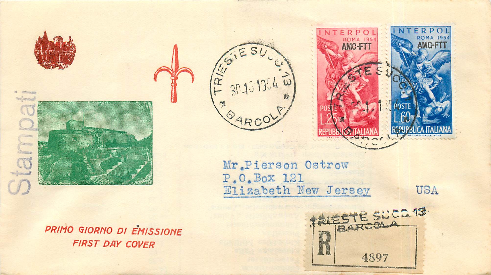 Lettre Cover Italie Italia AMG FTT FDC 1954 Roma Rome 