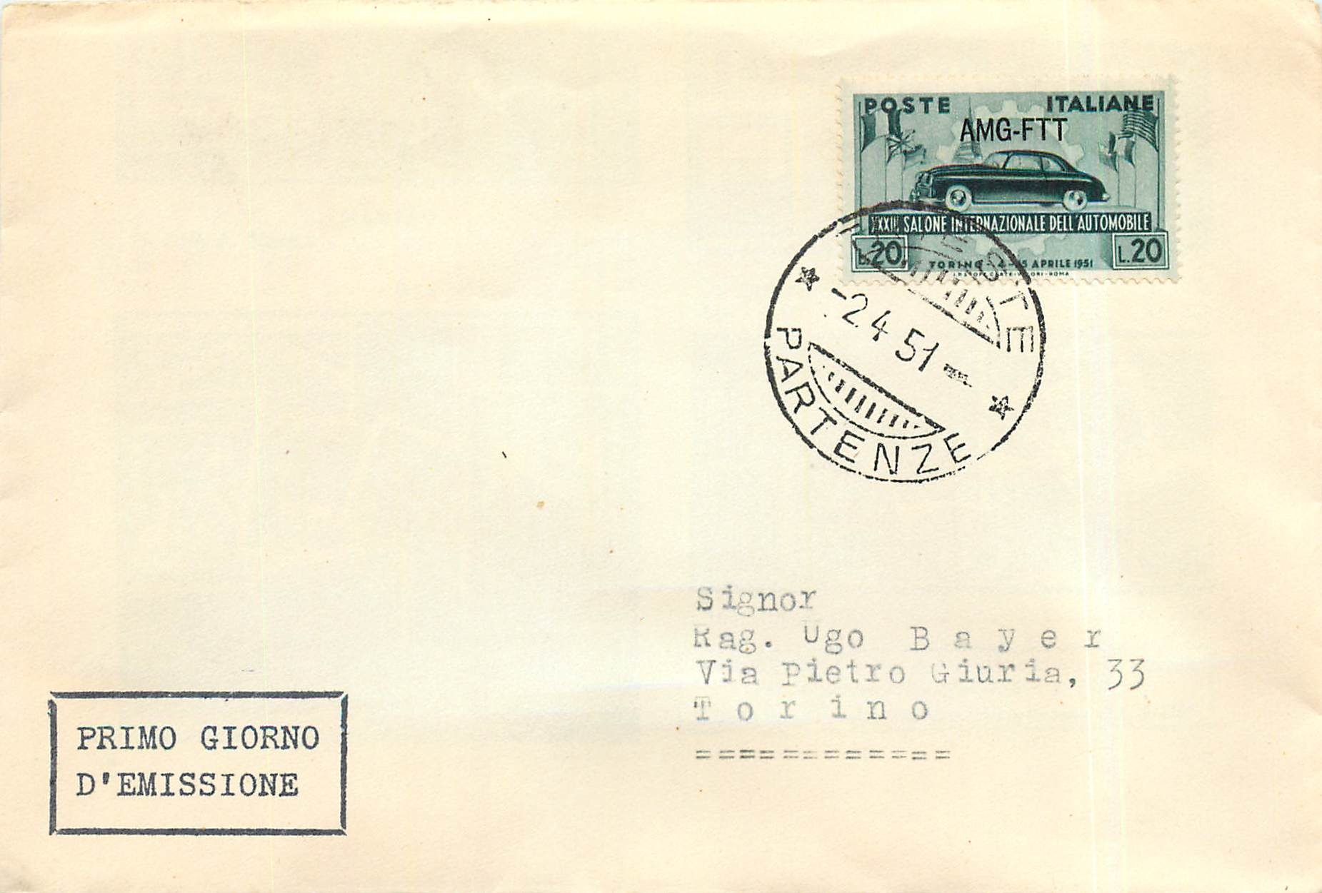 Lettre Cover Italie AMG FTT Automobile FDC 1951
