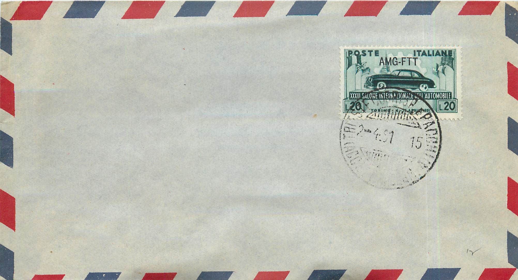 Lettre Cover Italie AMG FTT Automobile FDC 1951
