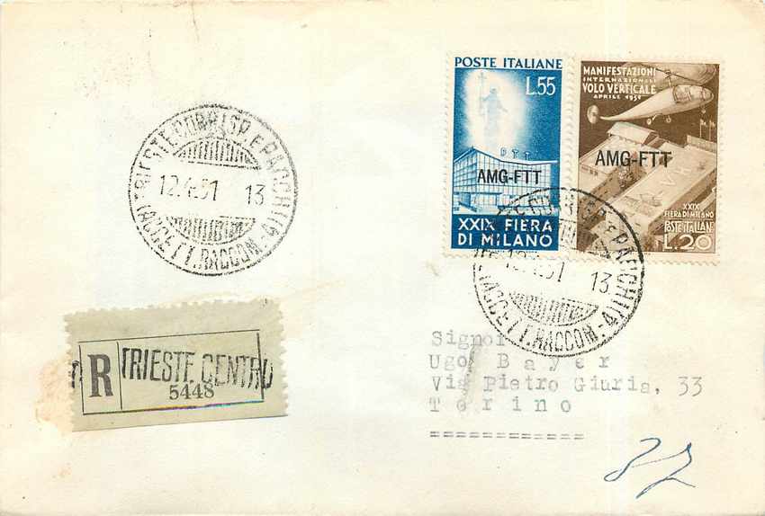 Lettre Cover Italie AMG FTT  1951 Helicoptere Aviation