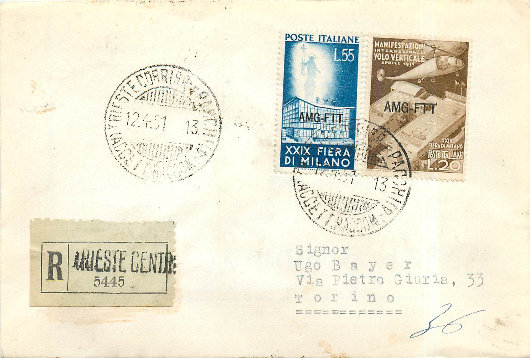 Lettre Cover Italie AMG FTT  1951 Helicoptere Aviation