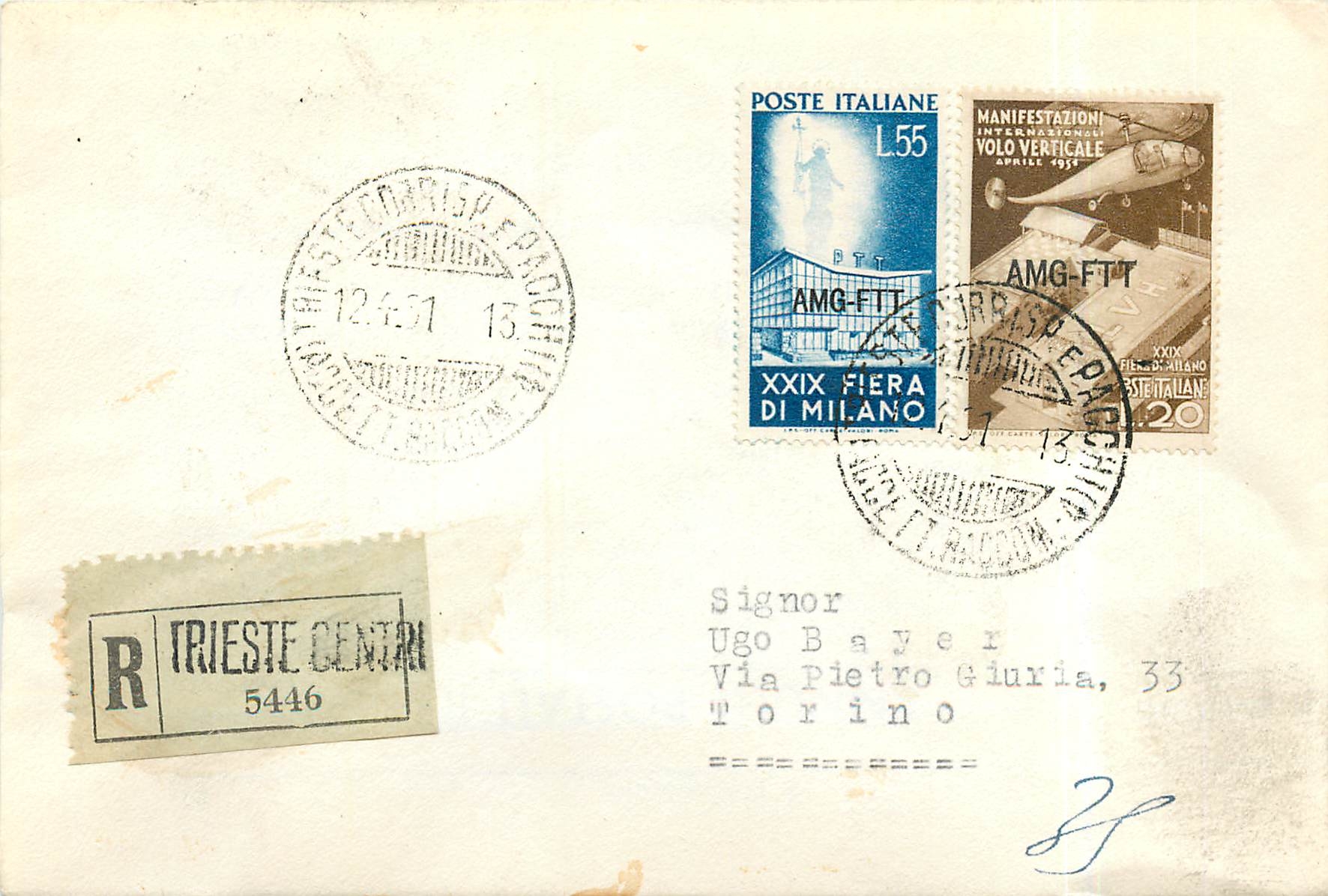 Lettre Cover Italie AMG FTT  1951 Helicoptere Aviation