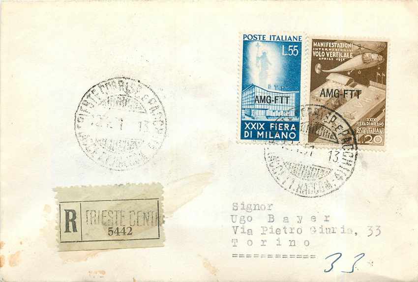Lettre Cover Italie AMG FTT  1951 Helicoptere Aviation