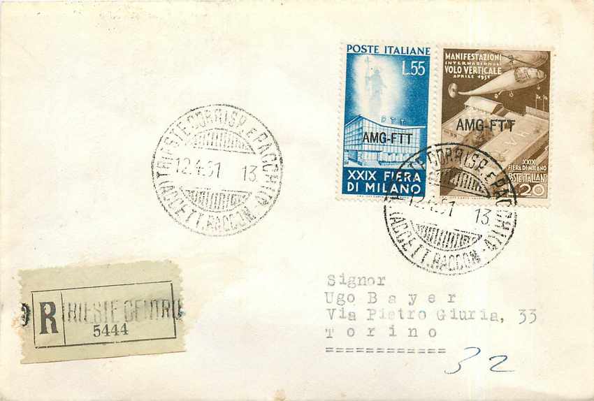 Lettre Cover Italie AMG FTT  1951 Helicoptere Aviation