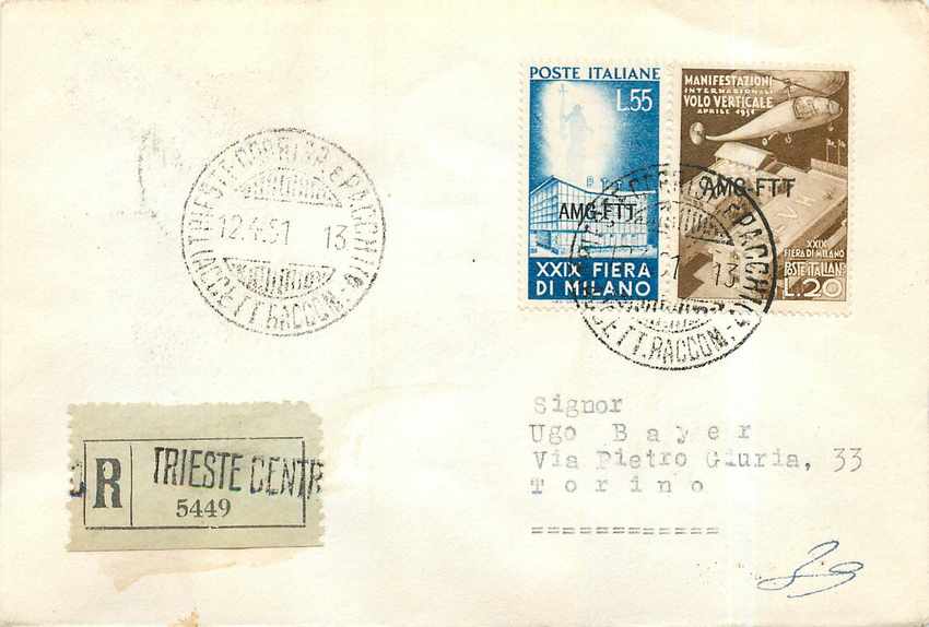Lettre Cover Italie AMG FTT  1951 Helicoptere Aviation