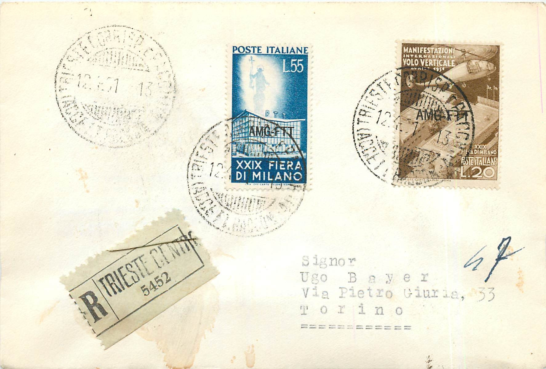 Lettre Cover Italia AMG FTT 1951 Helicoptere Aviation