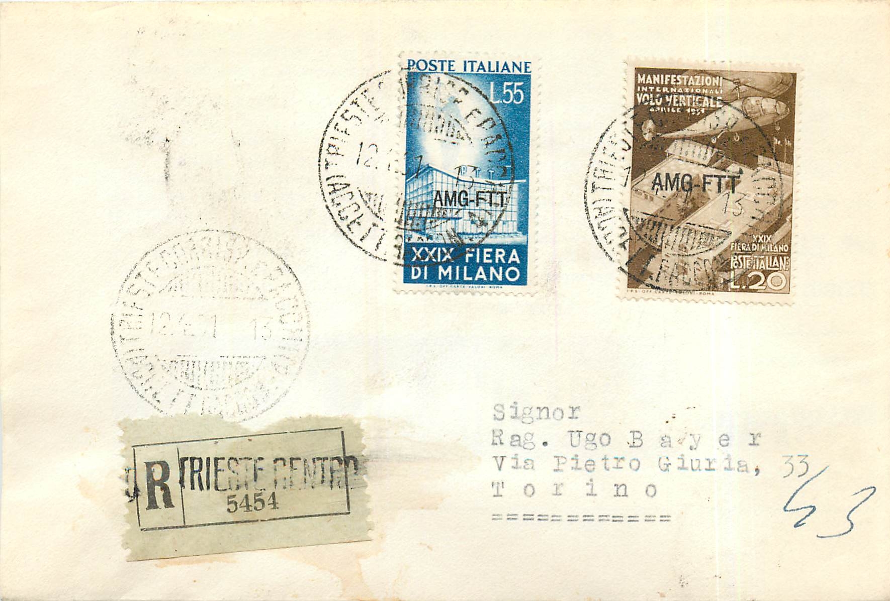 Lettre Cover Italia AMG FTT 1951 Helicoptere Aviation