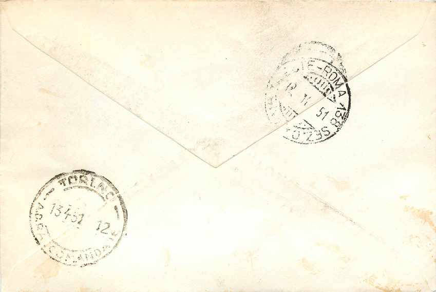 Lettre Cover Italia AMG FTT 1951 Helicoptere Aviation — Rückseite
