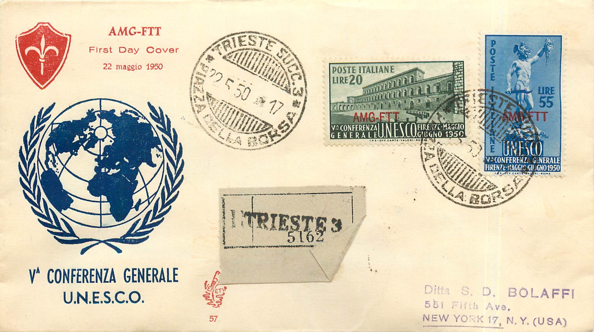 Lettre Cover Italia AMG FTT 1950 FDC UNESCO