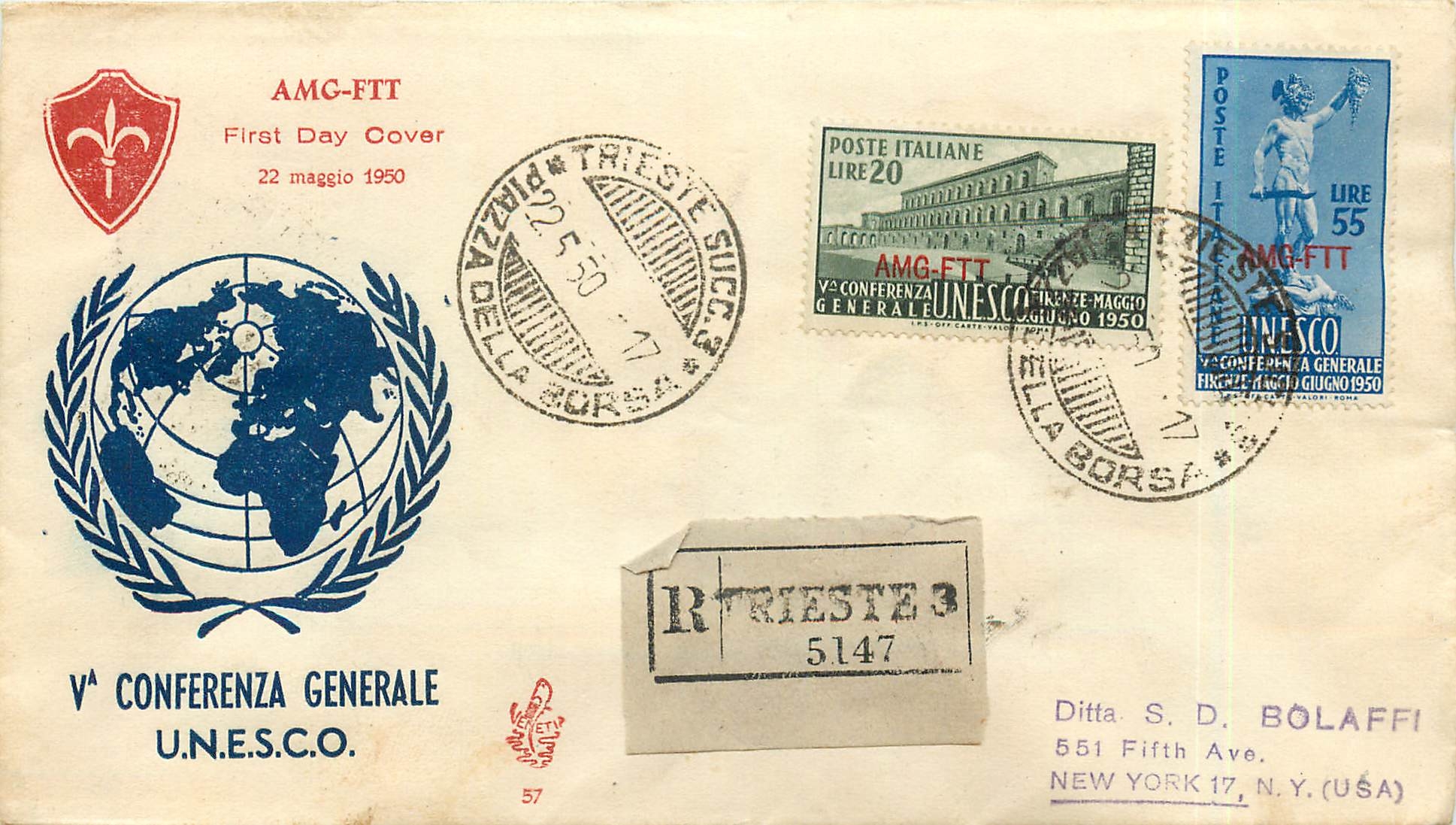 Lettre Cover Italia AMG FTT 1950 FDC UNESCO