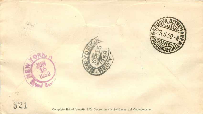 Lettre Cover Italia AMG FTT 1950 FDC UNESCO — Rückseite
