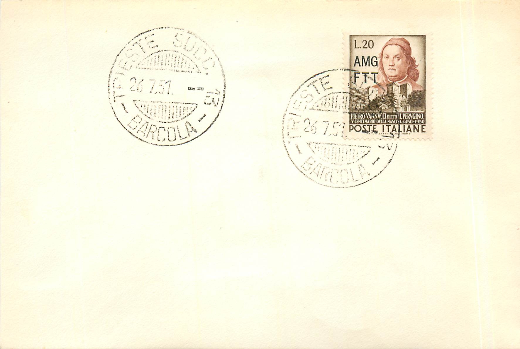 Barcola — Timbre commémoratif de Pietro Vannucci dit Perugino — 26 juillet 1951