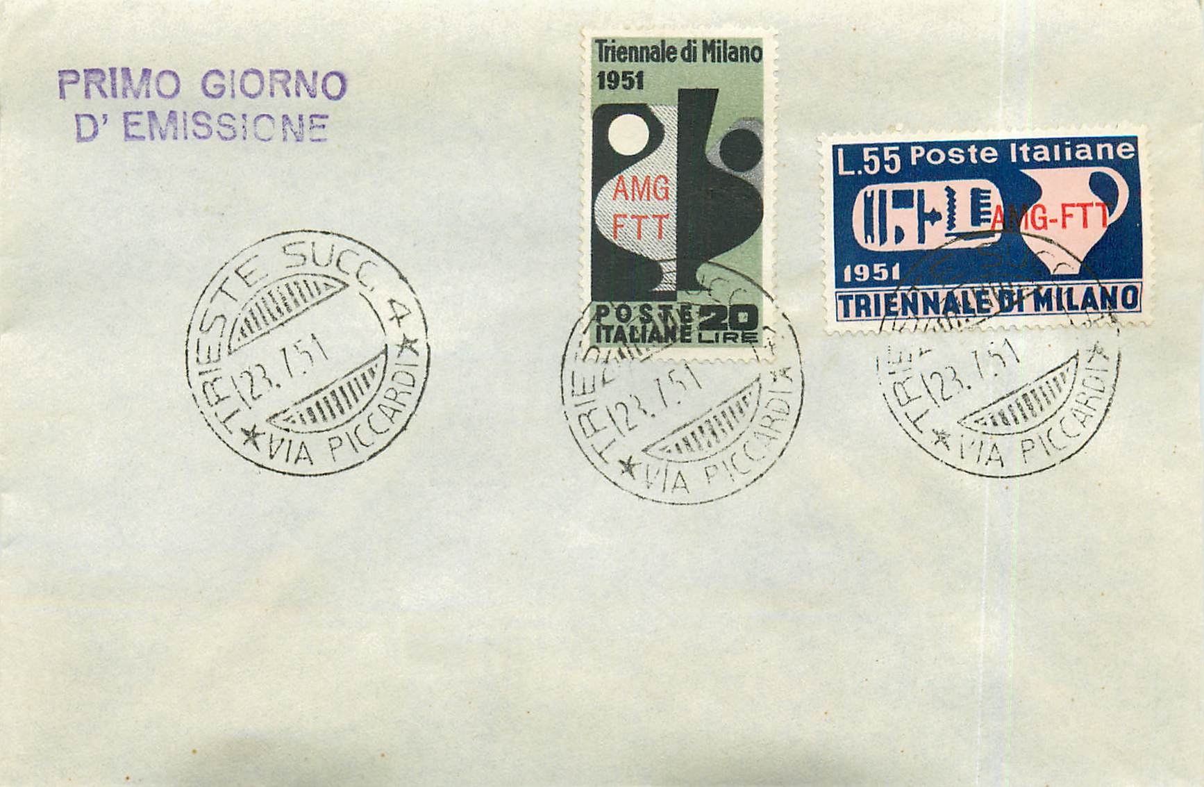 Lettre Cover Italia AMG FTT 1951 FDC Triennale di Milano 