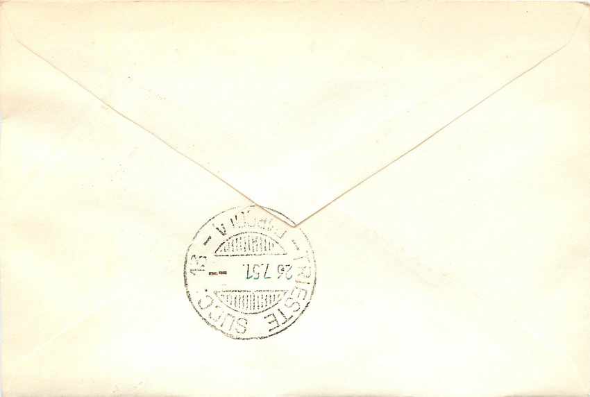 Lettre Cover Italia AMG FTT 1951 FDC Triennale di Milano  — Rückseite