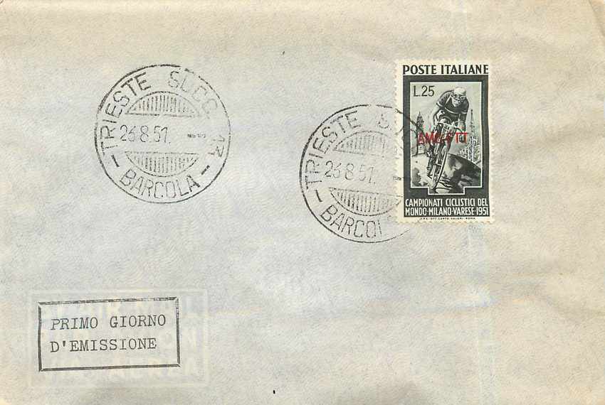 Lettre Cover Italia AMG FTT 1951 FDC Cyclisme Velo Cycle Cycling