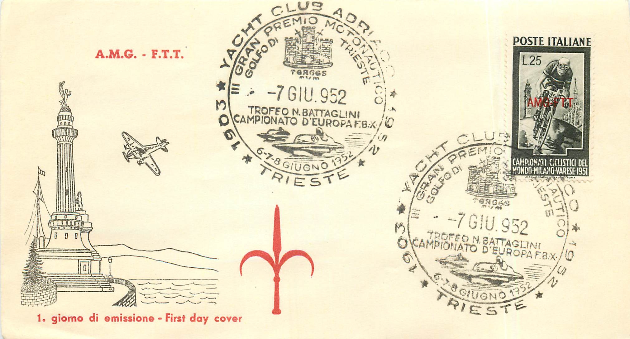 Lettre Cover Italia AMG FTT 1951 FDC Cyclisme Velo Cycle Cycling Aviation Aviation Bateau