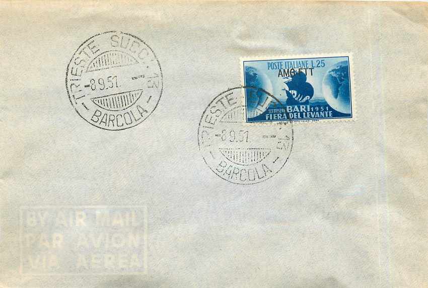 Lettre Cover Italia AMG FTT 1951 FDC Bari Levante Levante Bateau Voilier 