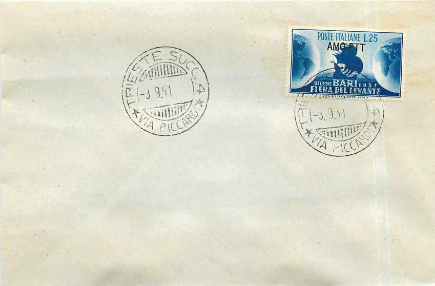 Lettre Cover Italia AMG FTT 1951 FDC Bari Levante Levante Bateau Voilier 