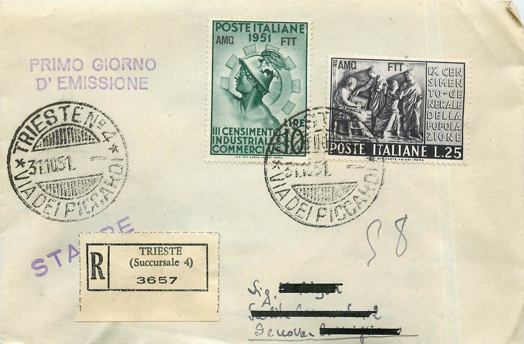 Lettre Cover Italia AMG FTT FDC 1951 Neptune Commerce